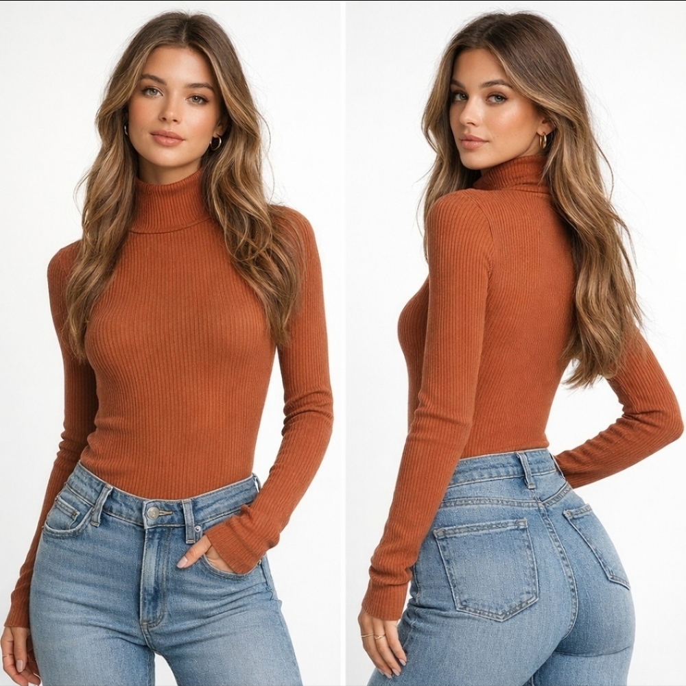 Lulus Ribbed Turtleneck Bodysuit XS Rust Cinnamon Fitted Long Sleeve